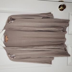 Ellen Tracy mushroom beige gray cardigan with rose gold sequin shoulders XL